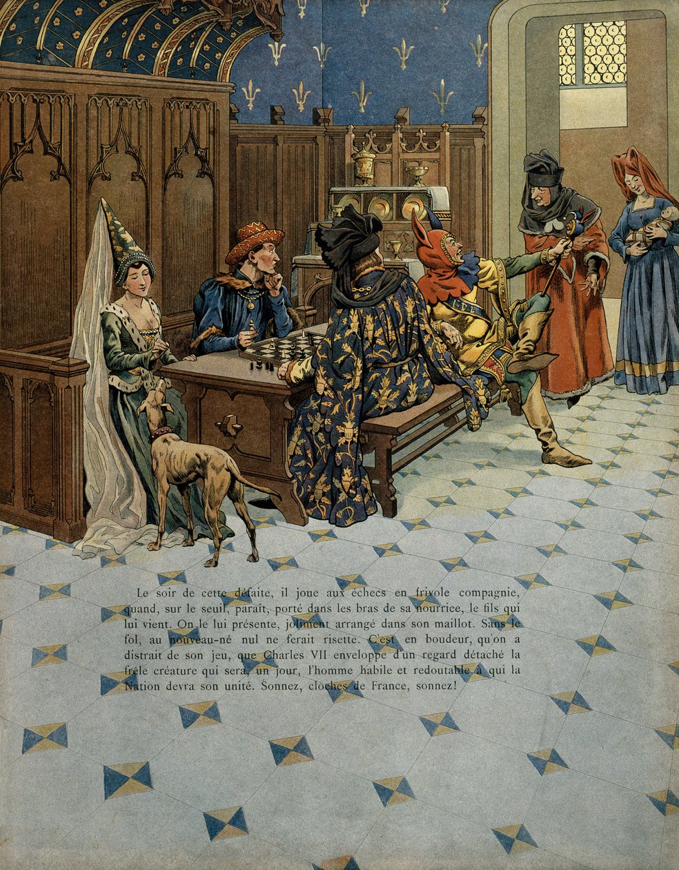 中世纪法国历史（Middle Ages）：路易（当时的法国国王路易十一称为普鲁登特（1423-1483）的诞生）。他是在他父亲查理七世国王（1403-1461）面前的。插图由雅克·玛丽 Gaston Onfray de Breville dit JOB (1858 年) 作者 Onfray de Breville Jacques Job的化名