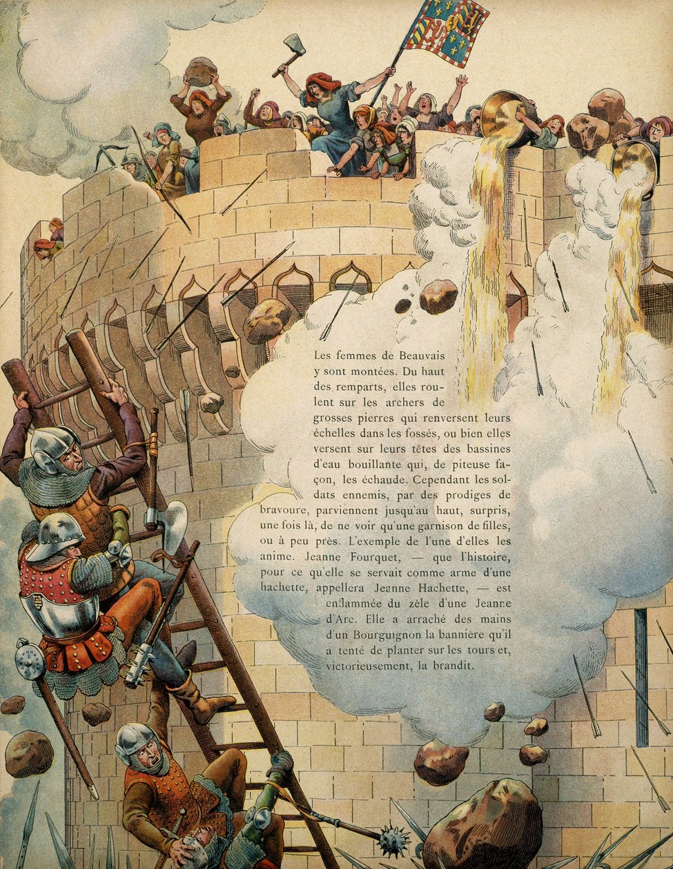 中世纪法国历史（中世纪）：Jeanne Laisne dit Jeanne Hachette（1454 年）在 1472 年查理·勒国王围攻这座城市期间，与其他妇女一起保卫博韦城，并从塔顶投掷沸油 淡色 作者 Onfray de Breville Jacques Job的化名