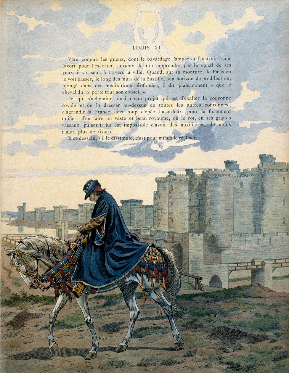 中世纪的法国历史（Middle Ages）：法国国王路易十一称为普鲁登特（1423-1483），不加装饰也不押送，穿行于巴黎街头和巴士底狱前。 Jacques Marie Gaston Onfray 的插图 作者 Onfray de Breville Jacques Job的化名