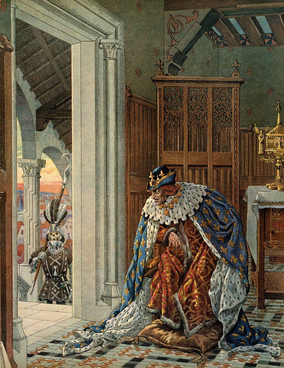 中世纪法国的历史（Middle Ages）：法国国王路易十一说谨慎的人（1423-1483）害怕死亡在门阶上穿着盔甲。 Jacques Marie Gaston Onfray de Breville dit JOB 的插图 (1858-1931) 作者 Onfray de Breville Jacques Job的化名