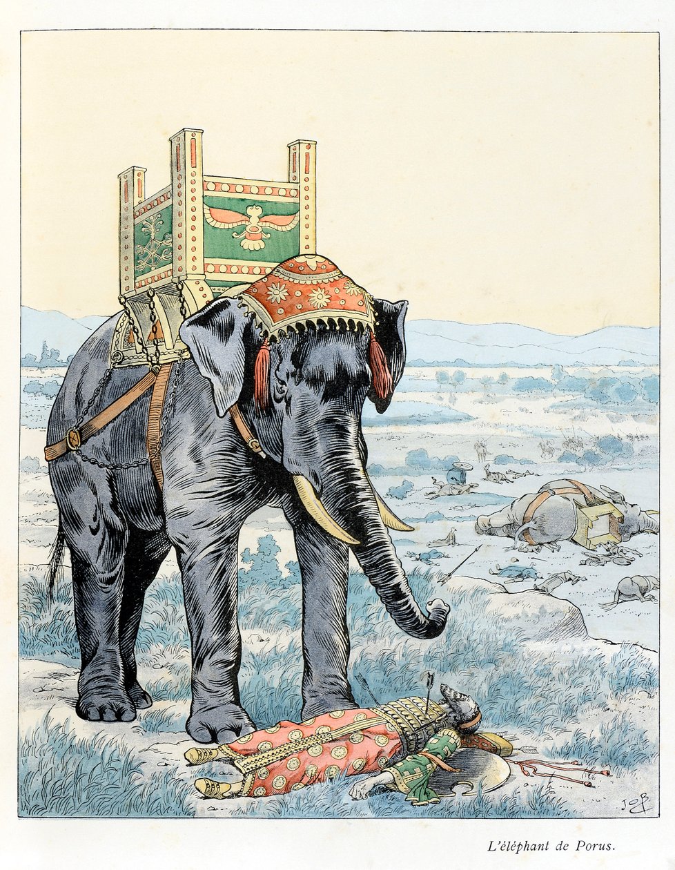 插图来自《A la gloire des betes》一书，作者是A Fabre，绘图者是Jacques Marie Gaston Onfray de Breville dit JOB（1858-1931），出版社是Alfred Mame et fils。波鲁斯之象（在公元前328年的海达斯普战役中，波鲁斯击败了 作者 Onfray de Breville Jacques Job的化名
