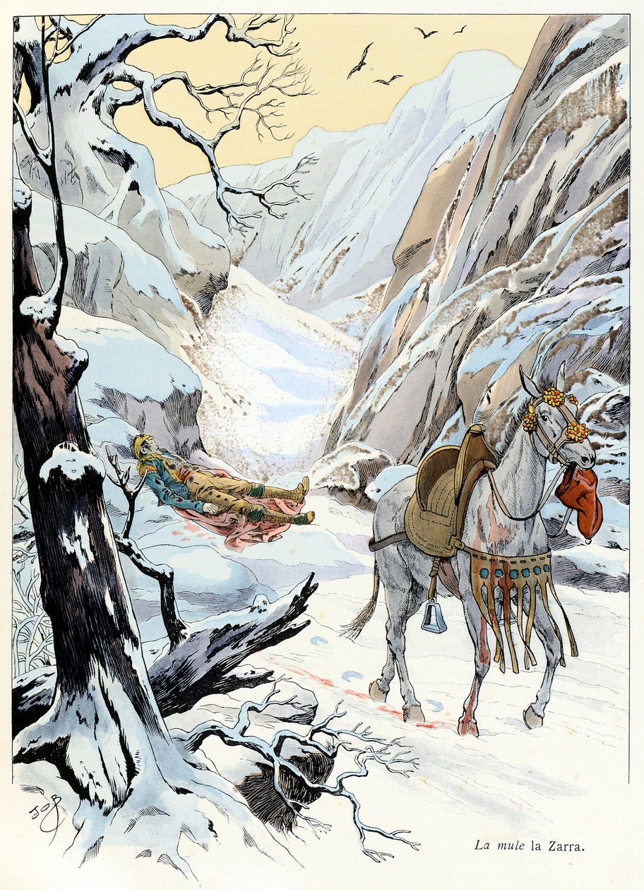 Illustration from the book “A la gloire des betes”” text by A Fabre, drawings by Jacques Marie Gaston Onfray de Breville dit JOB (1858-1931), publisher Maison Alfred Mame and son: La mule 
