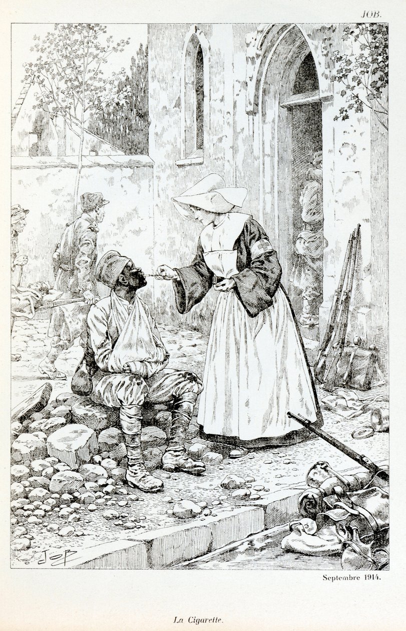 来自《艺术家的大战争》一书的插图。"1914年9月的香烟》（La cigarette septembre 1914），由雅克-玛丽-加斯顿-昂弗雷-德-布雷维尔（Jacques Marie Gaston Onfray de Breville dit JOB）（1858-1931）创作，Partiale收藏。 作者 Onfray de Breville Jacques Job的化名