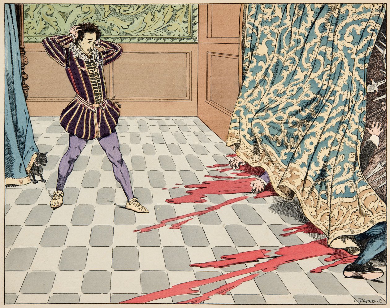 来自“Le bon roy Henri”一书的插图，由 Jacques Marie Gaston Onfray de Breville dit JOB (1858-1931) 插图：在圣巴泰勒米节那天，他的两个朋友 Segur 和 La Rochefoucauld 在他的眼前如鱼得水 - 私人收藏 作者 Onfray de Breville Jacques Job的化名