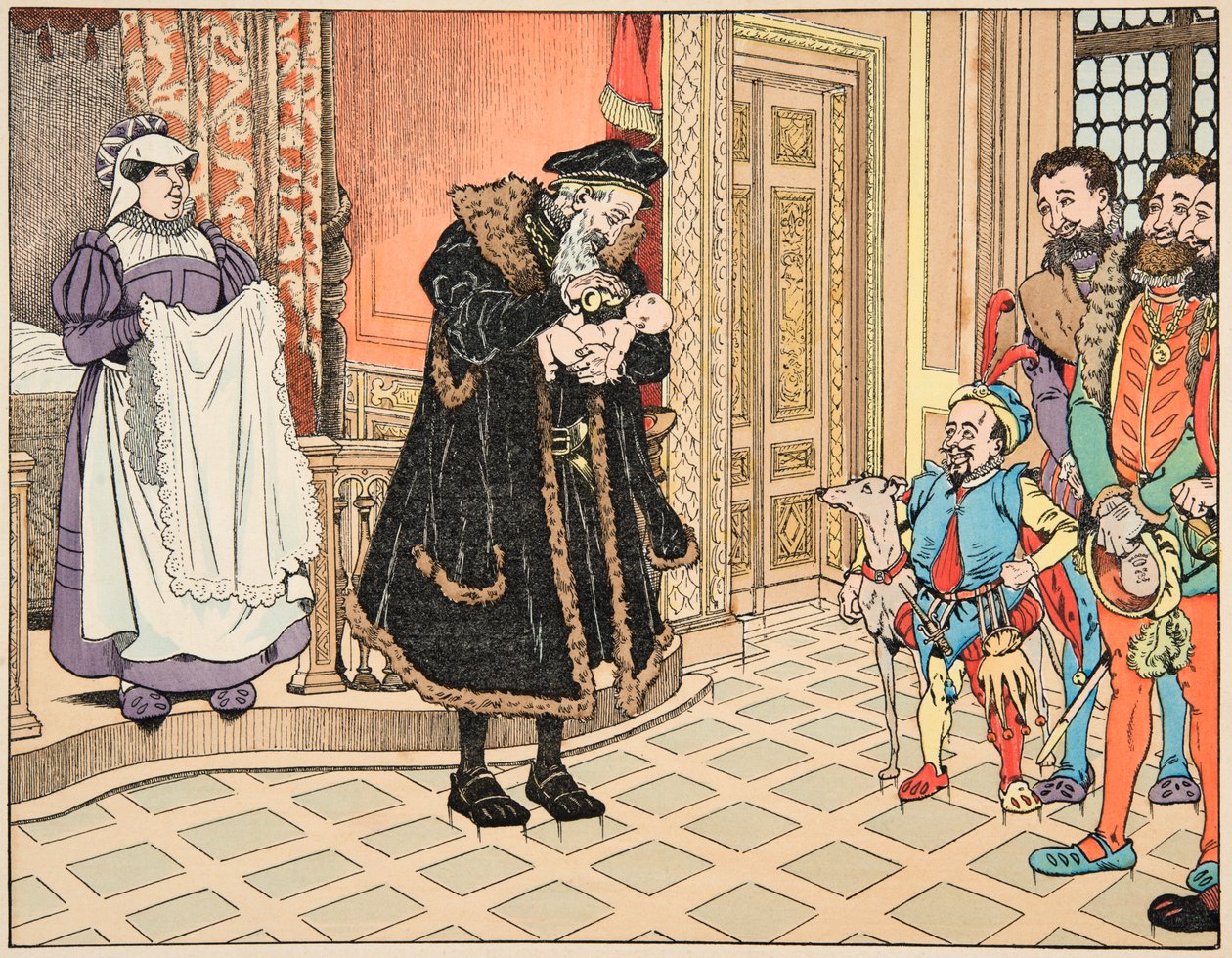 来自 "Le bon roy Henri "一书的插图，由Jacques Marie Gaston Onfray de Breville dit JOB（1858-1931）绘制。亨利四世的诞生，他的祖父亨利-阿尔布雷特（1503-1555）用一瓣大蒜擦拭嘴唇 - 私人收藏 作者 Onfray de Breville Jacques Job的化名