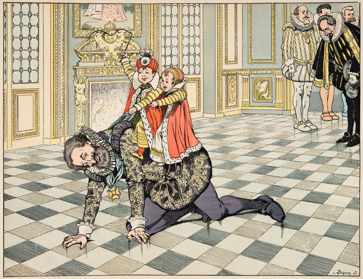 来自 "Le bon roy Henri "一书的插图，由Jacques Marie Gaston Onfray de Breville dit JOB（1858-1931）绘制。在西班牙大使面前，亨利四世与他的孩子们玩耍 - 私人收藏 作者 Onfray de Breville Jacques Job的化名