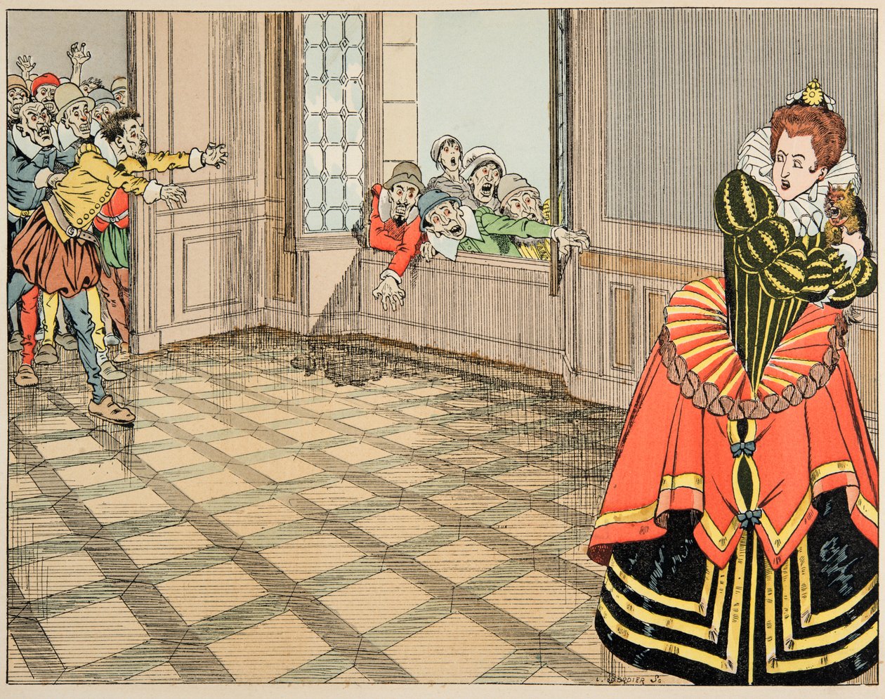 来自“Le bon roy Henri”一书的插图，由 Jacques Marie Gaston Onfray de Breville dit JOB (1858-1931) 插图：蒙彭西耶公爵夫人 (Catherine de Lorraine) 作者 Onfray de Breville Jacques Job的化名