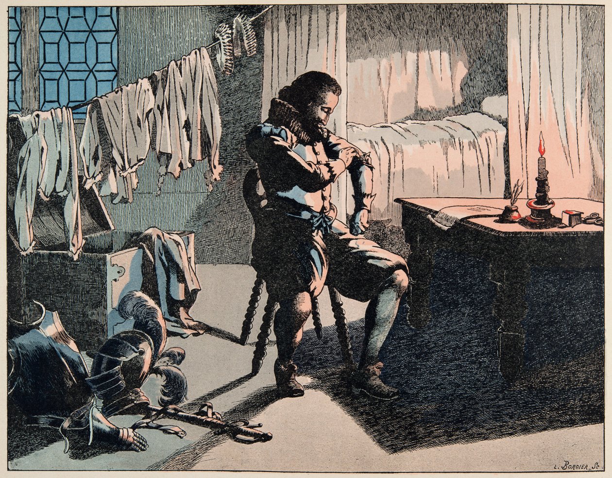来自“Le bon roy Henri”一书的插图，由 Jacques Marie Gaston Onfray de Breville dit JOB (1858-1931) 插图：1589 年，亨利成为法国国王，但没有钱 - 私人收藏 作者 Onfray de Breville Jacques Job的化名