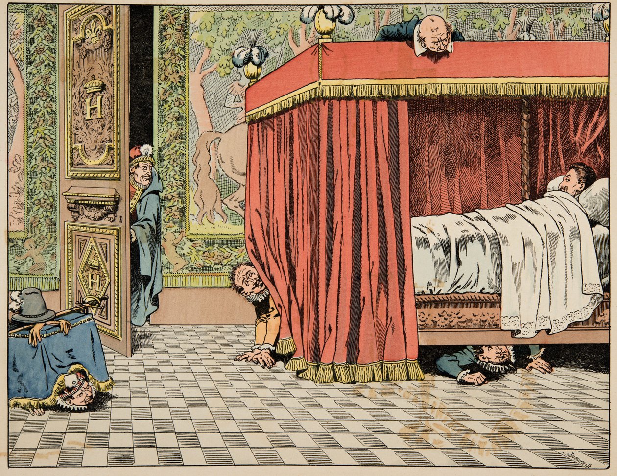来自“Le bon roy Henri”一书的插图，由 Jacques Marie Gaston Onfray de Breville dit JOB (1858-1931) 插图：亨利四世在间谍的监视下生活在巴黎 - 私人收藏 作者 Onfray de Breville Jacques Job的化名