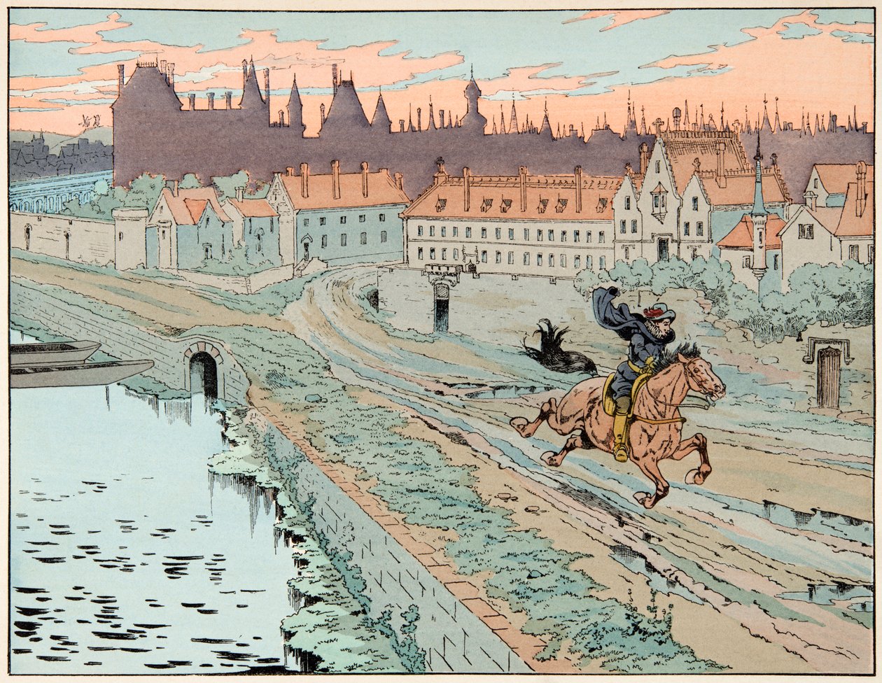 插图取自“Le bon roy Henri”一书，由 Jacques Marie Gaston Onfray de Breville dit JOB (1858-1931) 插图：1575 年，亨利四世逃离巴黎 - 私人收藏 作者 Onfray de Breville Jacques Job的化名