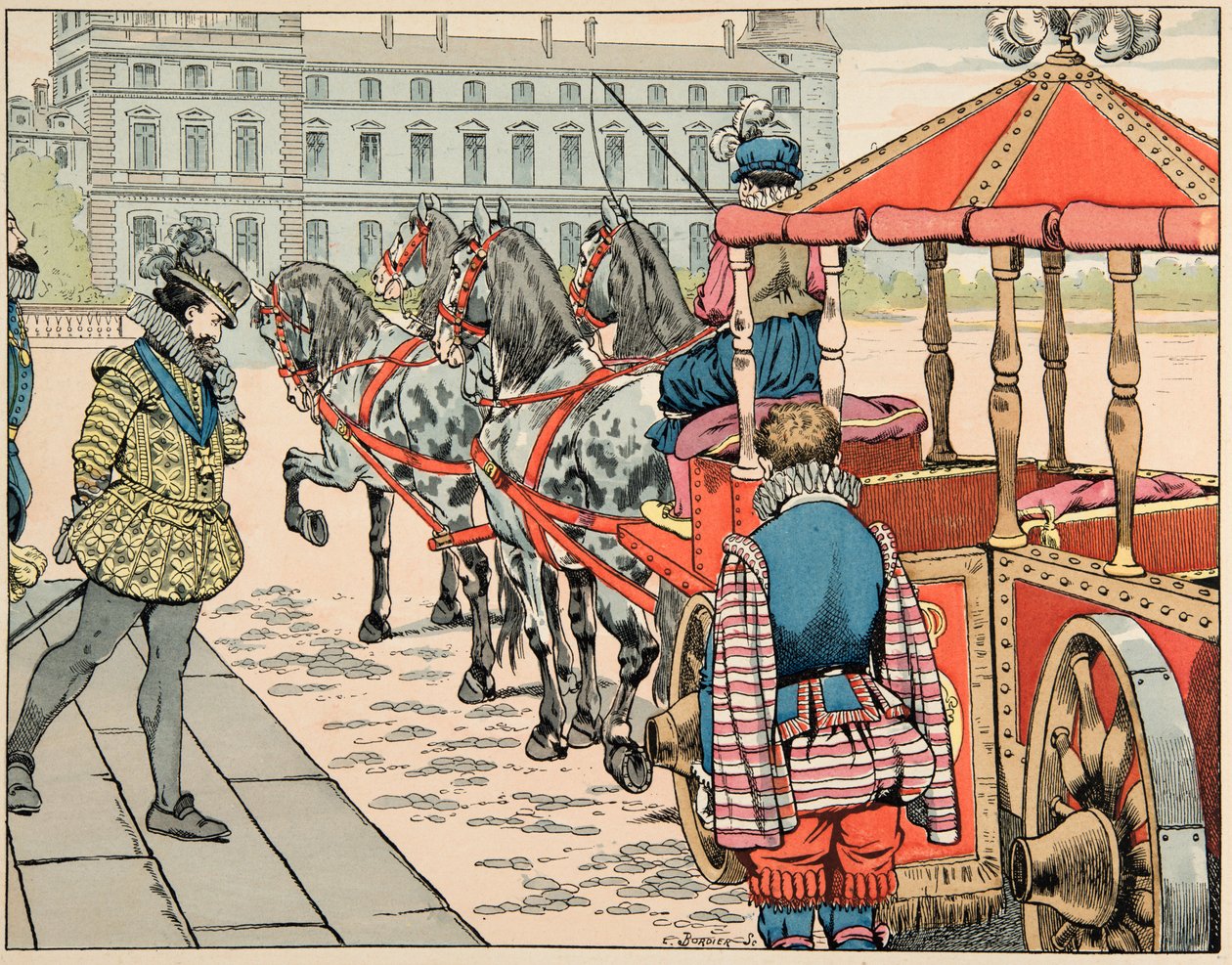 插图取自“Le bon roy Henri”一书，由 Jacques Marie Gaston Onfray de Breville dit JOB (1858-1931) 插图：1610 年 5 月 14 日，亨利四世准备乘坐他的无盖马车 - 私人收藏 作者 Onfray de Breville Jacques Job的化名