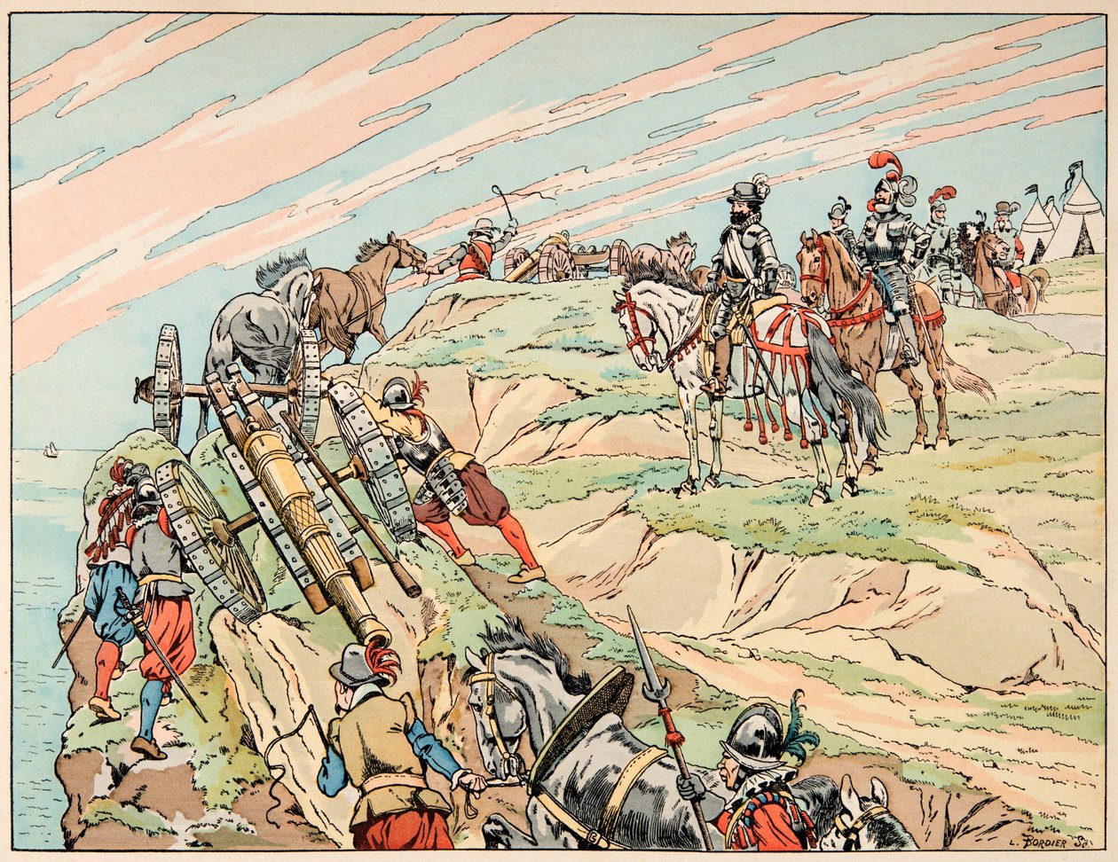 插图摘自《亨利王》一书，由雅克-玛丽-加斯顿-昂弗莱-德-布雷维尔（1858-1931）绘制：亨利四世在战争中与他的炮兵一起在迪耶普附近建立营地 - 私人收藏 作者 Onfray de Breville Jacques Job的化名