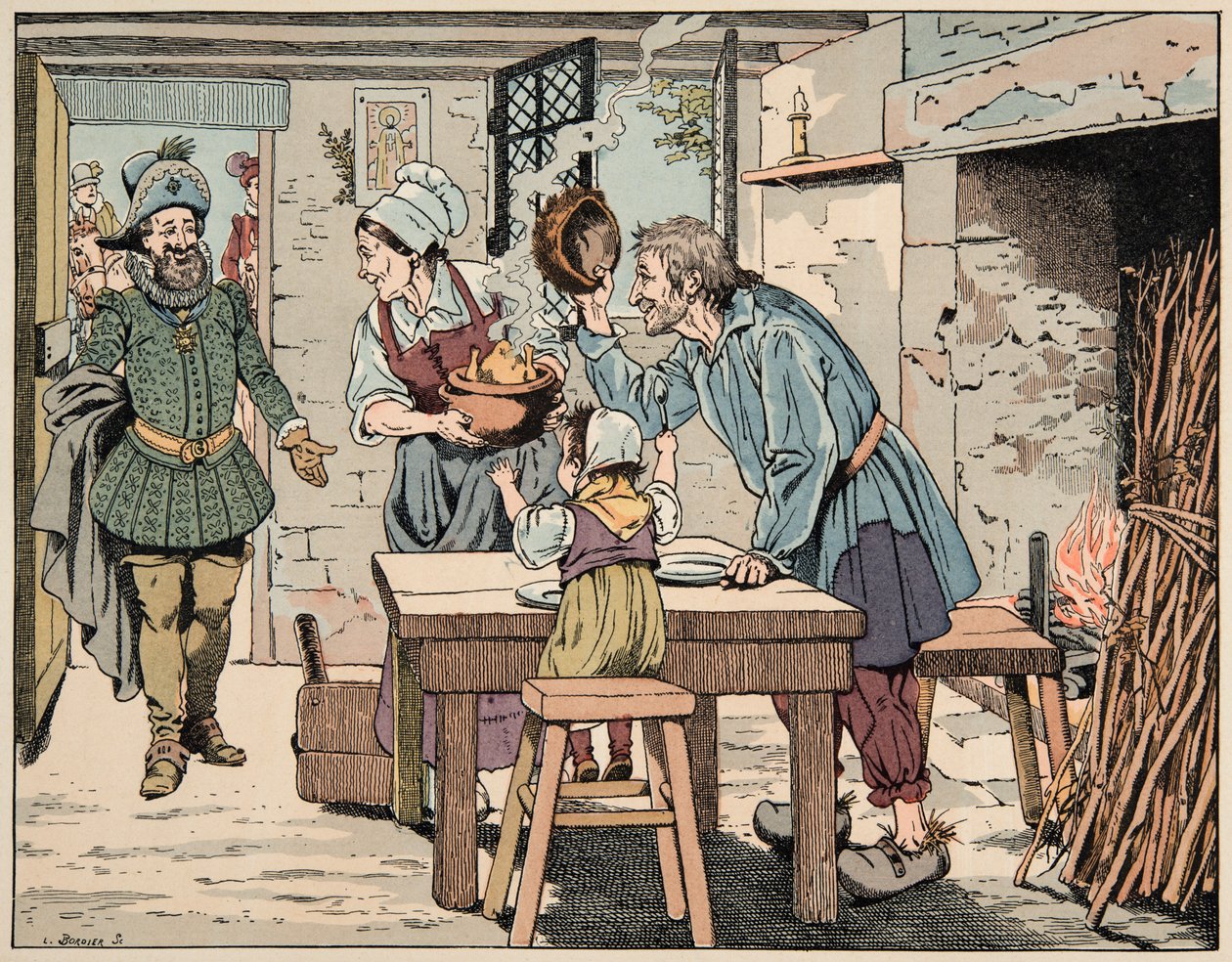 插图取自“Le bon roy Henri”一书，由 Jacques Marie Gaston Onfray de Breville dit JOB (1858-1931) 插图：农民中的亨利四世，吃锅里的鸡 - 私人收藏 作者 Onfray de Breville Jacques Job的化名