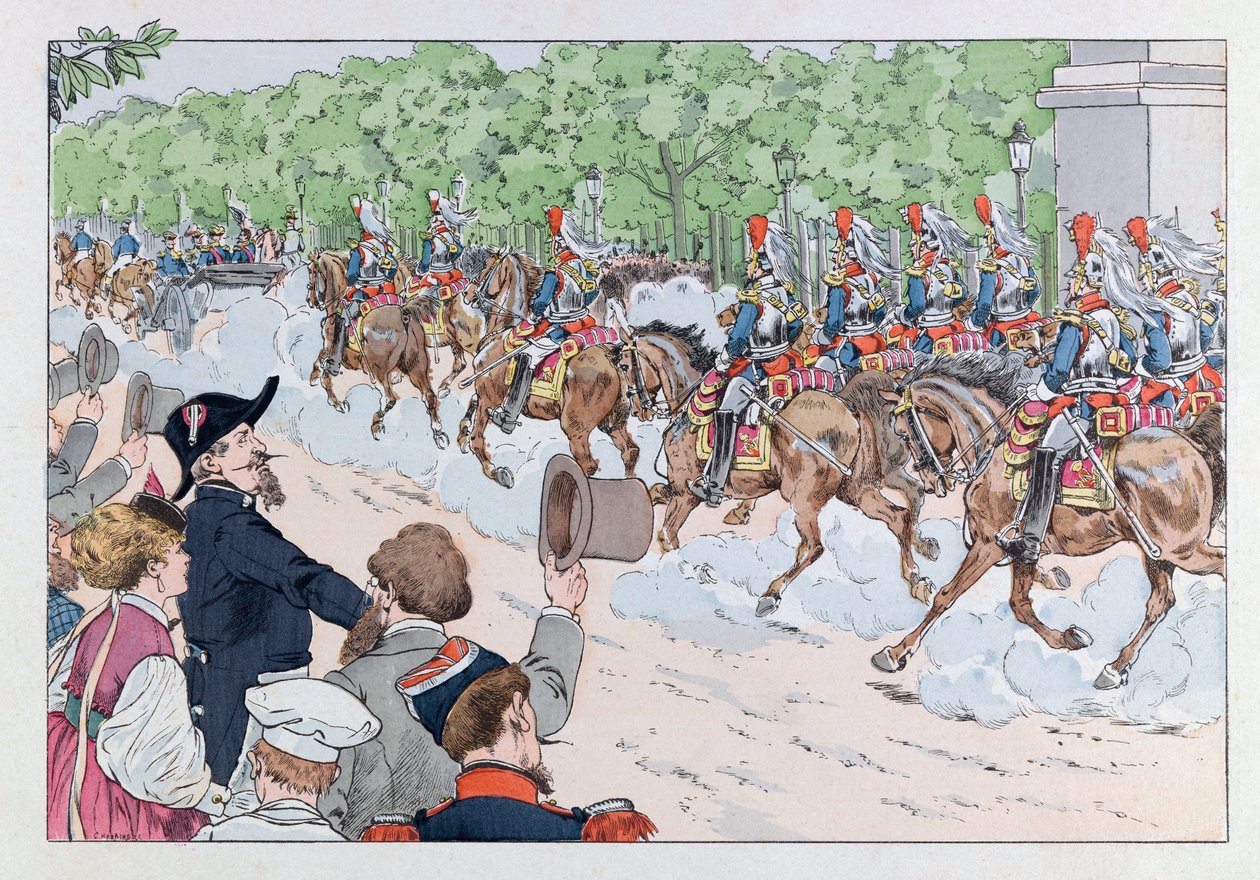 Jacques Marie Gaston Onfray de Breville dit JOB (1858 - 1931)； 《法兰西重剑》一书中的插图：拿破仑三世在香榭丽舍大街的护送； 科尔，部分 作者 Onfray de Breville Jacques Job的化名