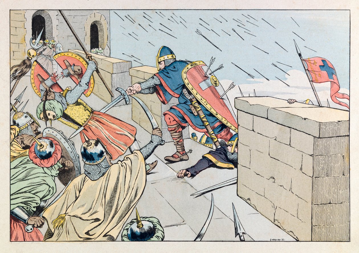 Jacques Marie Gaston Onfray de Breville dit JOB (1858 - 1931)； 《法兰西重剑》一书中的插图：戈德弗罗伊·德布永于 1099 年占领耶路撒冷； 科尔，部分。 作者 Onfray de Breville Jacques Job的化名