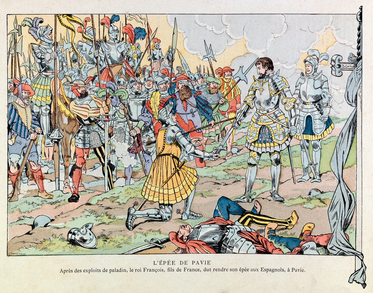 Jacques Marie Gaston Onfray de Breville dit JOB (1858 - 1931); 插图来自《Les epees de France》一书。2月24日，弗朗索瓦一世国王在帕维亚战役结束后将他的剑还给了西班牙人。 作者 Onfray de Breville Jacques Job的化名