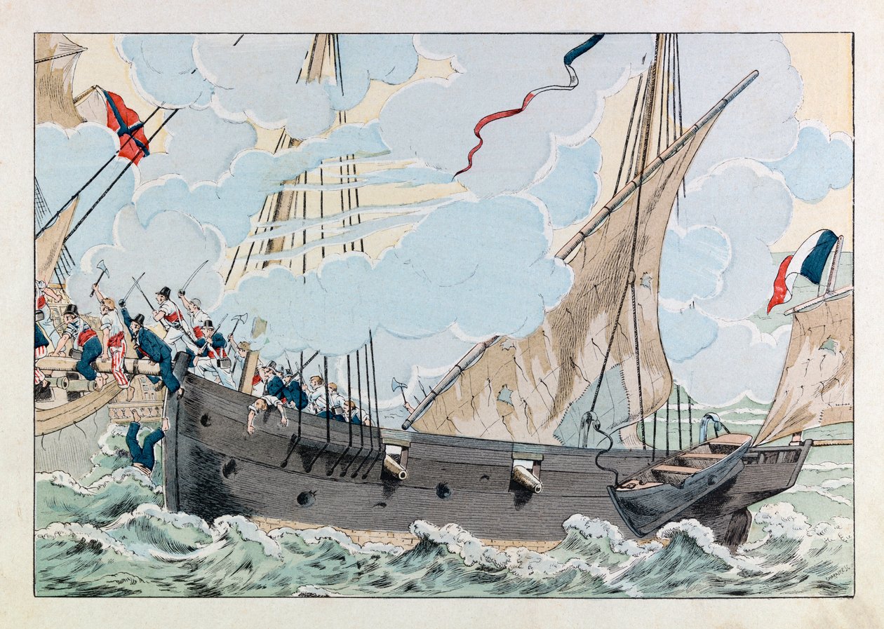 Jacques Marie Gaston Onfray de Breville dit JOB (1858 - 1931); "Les epees de France "书中的插图。罗伯特-苏尔古夫（1773-1827）与他的船 "La Coquette "攻击英国船 "玛丽皇后号"；Coll, Part 作者 Onfray de Breville Jacques Job的化名