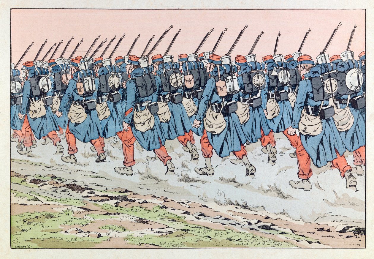 Jacques Marie Gaston Onfray de Breville dit JOB (1858 - 1931); Illustration from the book “” Les epees de France””: Les poilus de 14 en route pour le front; Coll, Part 作者 Onfray de Breville Jacques Job的化名