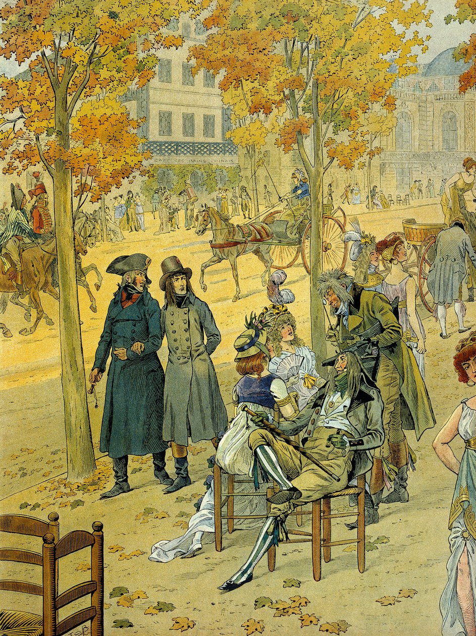 让-安托什-朱诺（Jean-Andoche）（1771-1813）和拿破仑一世-波拿巴（1769-1821）在巴黎的科布伦兹大道（Boulevard de Ghent）上散步，在不可思议的前面。插图：Jacques Marie Gaston Onfray de Breville dit JOB (1858-1931) 作者 Onfray de Breville Jacques Job的化名