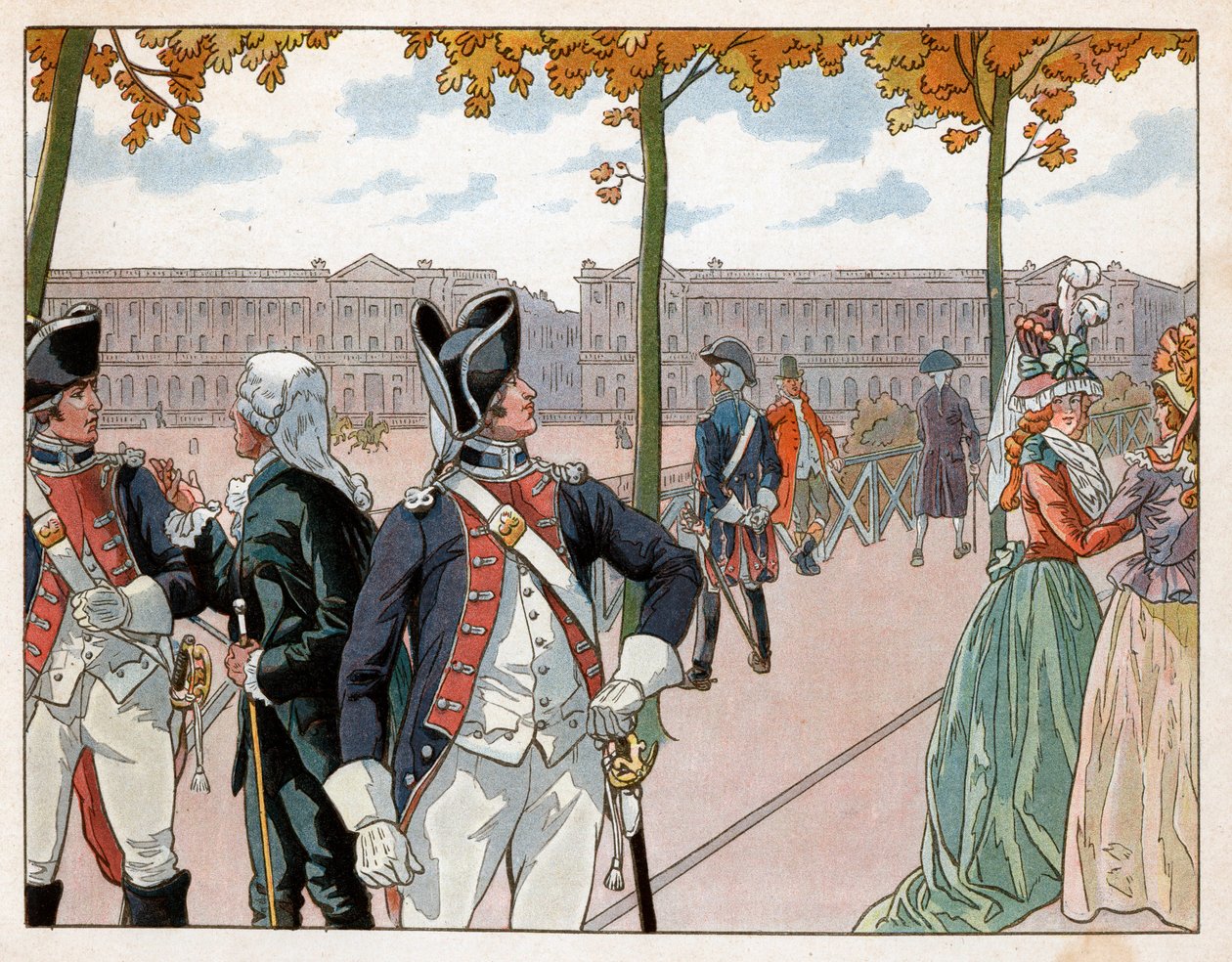 约阿希姆·穆拉特 (Joachim Murat，1767-1815 年) 和贝西埃 (Bessieres) 于 1791 年身着国王宪兵卫队的服装在巴黎。 Jacques Marie Gaston Onfray de Breville dit Job (1858-1931) 的雕刻 作者 Onfray de Breville Jacques Job的化名