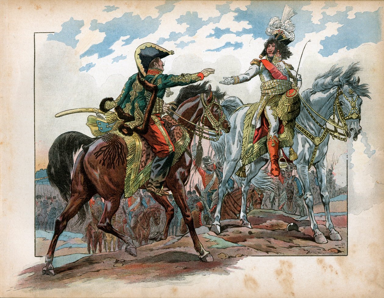 Joachim Murat (1767-1815) 和 Antoine Charles Louis de La Salle (Lasalle) 将军 (1775-1809) 在 1807 年海尔斯堡战役期间。 Jacques Marie Gaston Onfray de Breville dit Job (1858-1931) 雕刻 作者 Onfray de Breville Jacques Job的化名