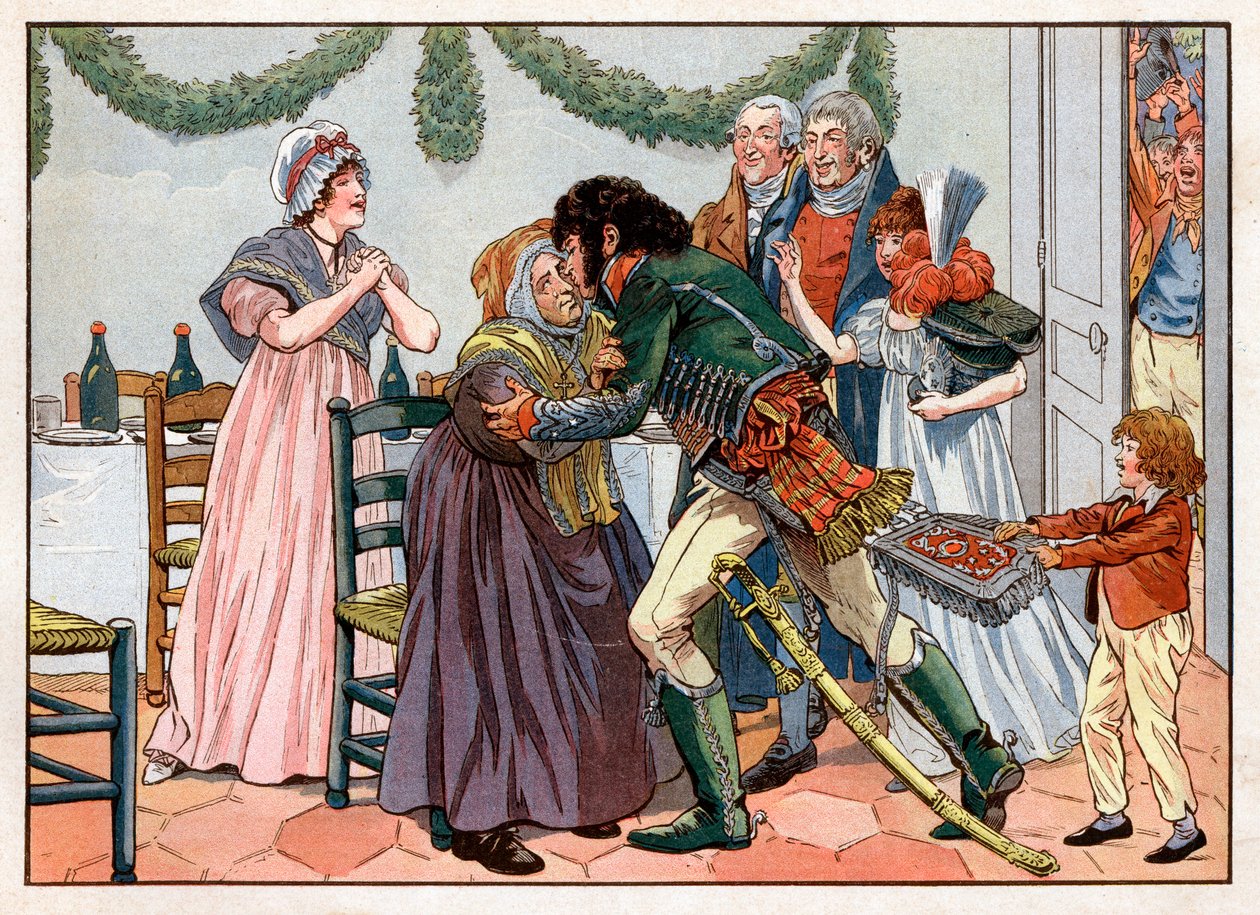 Joachim Murat (1767-1815) 回家后在家庭旅馆里亲吻他的母亲。 Jacques Marie Gaston Onfray de Breville dit Job (1858-1931) 的雕刻 作者 Onfray de Breville Jacques Job的化名
