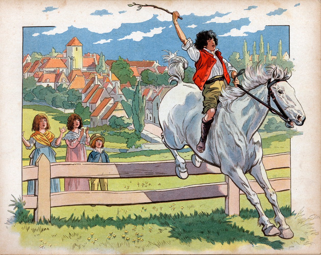 约阿希姆-缪拉（1767-1815）骑马的孩子正在训练跳树篱。Jacques Marie Gaston Onfray de Breville dit Job (1858-1931)的版画。 作者 Onfray de Breville Jacques Job的化名