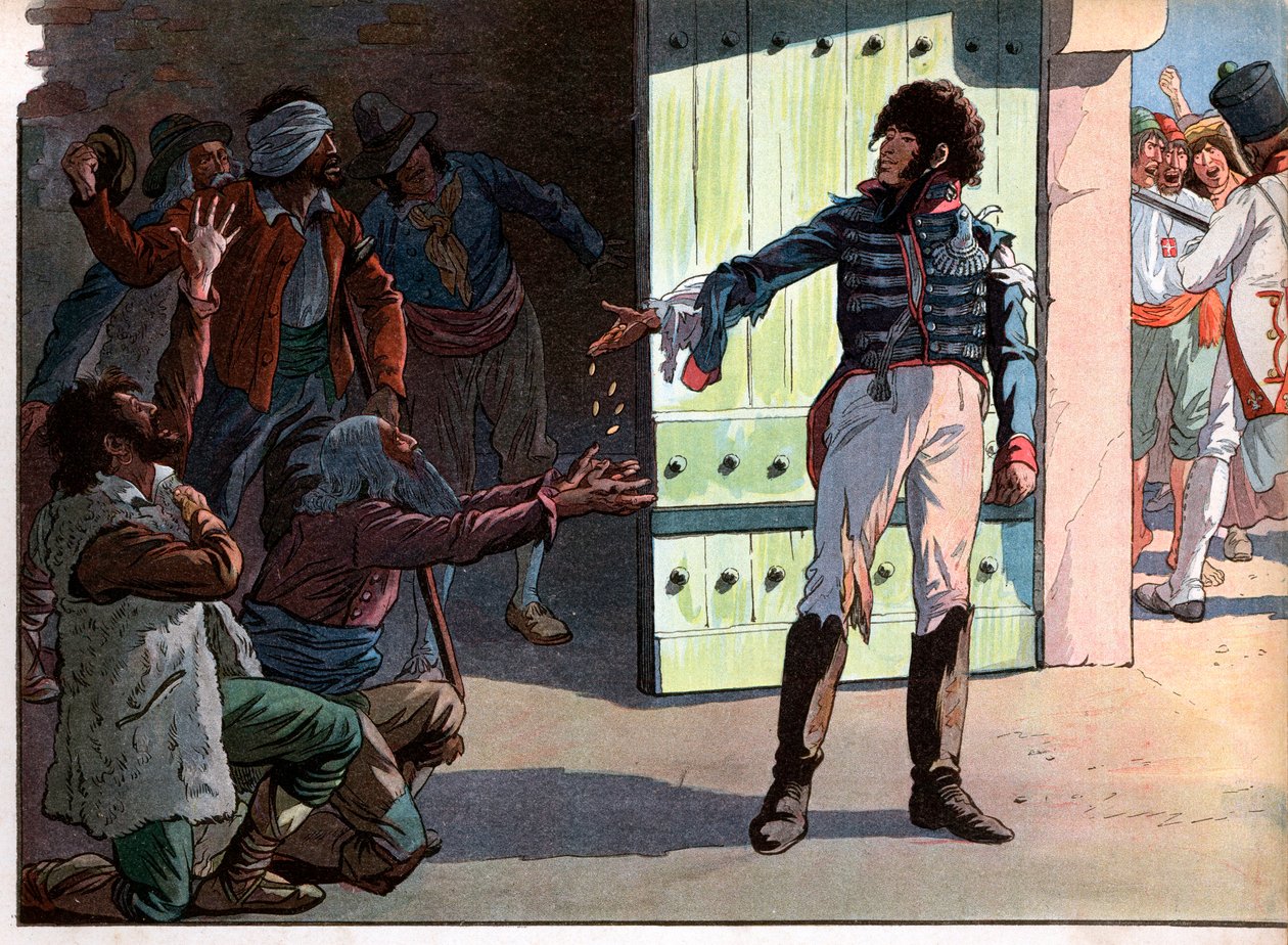 约阿希姆·穆拉特 (Joachim Murat，1767-1815 年)，那不勒斯的德楚国王，1815 年被囚禁在皮佐港的堡垒中，将他的钱分发给与他一起被俘的土匪。 Jacques Marie Gaston Onfray de Breville dit Job (1858-1931) 雕刻 作者 Onfray de Breville Jacques Job的化名