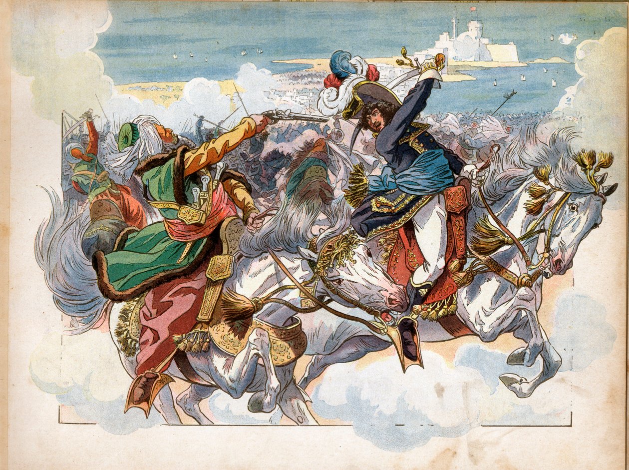 约阿希姆·穆拉特（Joachim Murat，1767-1815）在 1799 年的阿布基尔战役中，在埃及战役（远征）期间，下巴中弹后俘虏了穆斯塔法帕夏将军； 战斗结束后，他被任命为师将军。 Jacques Marie Gaston Onfra 雕刻 作者 Onfray de Breville Jacques Job的化名