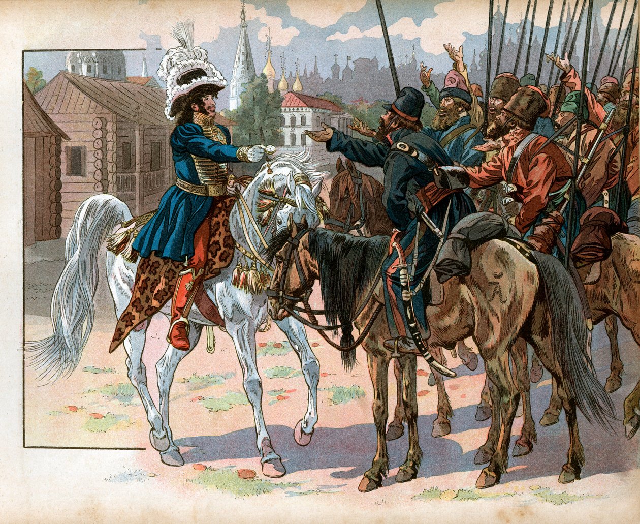 莫斯科的约阿希姆·穆拉特 (Joachim Murat，1767-1815 年) 向俄罗斯人提供手表。 Jacques Marie Gaston Onfray de Breville dit Job (1858-1931) 的雕刻 作者 Onfray de Breville Jacques Job的化名
