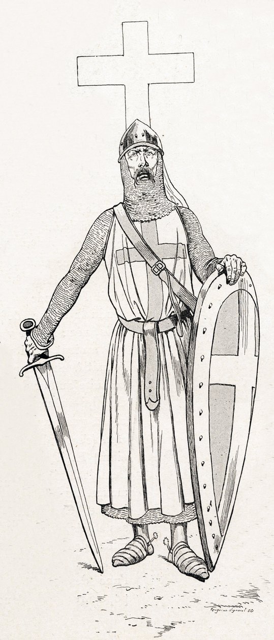 路易九世的骑士，又称圣路易（1214-1270），穿着十字军服装。约伯（Jacques Marie Gaston Onfray and Breville）（Jacques-Marie）（1858-1931）为1915年出版的《Les grands mots historiques du pays de France》一书所作的插图。Privee收藏。 作者 Onfray de Breville Jacques Job的化名