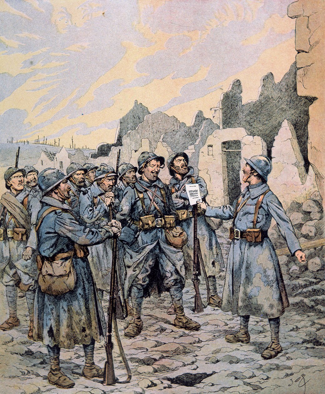 1917 年 4 月至 5 月西线法国军队的兵变（彩色石版画） 作者 Onfray de Breville Jacques Job的化名