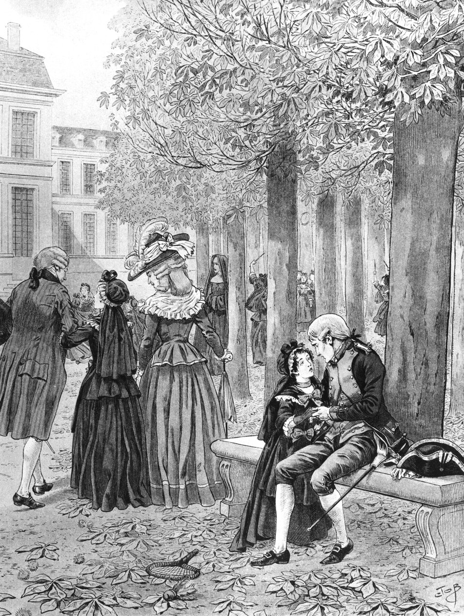Napoleon Bonaparte (1769-1821) 于 1784 年在 St. Cyr 照顾他的妹妹 Elisa，插图来自 G. Montorgueil 的“Bonaparte” 作者 Onfray de Breville Jacques Job的化名