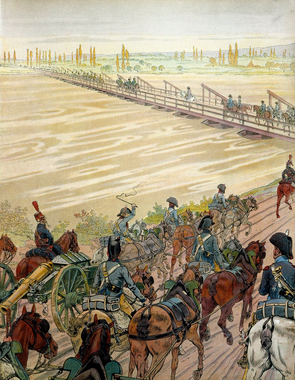 拿破仑一世 (1769-1821) 和他的军队于 1805 年 10 月 1 日通过了莱茵河。在乔治·蒙托盖 (Georges Montorgueil) 的“拿破仑”中。 Jacques Marie Gaston Onfray de Breville dit JOB 的插图 (1858-1931) 作者 Onfray de Breville Jacques Job的化名