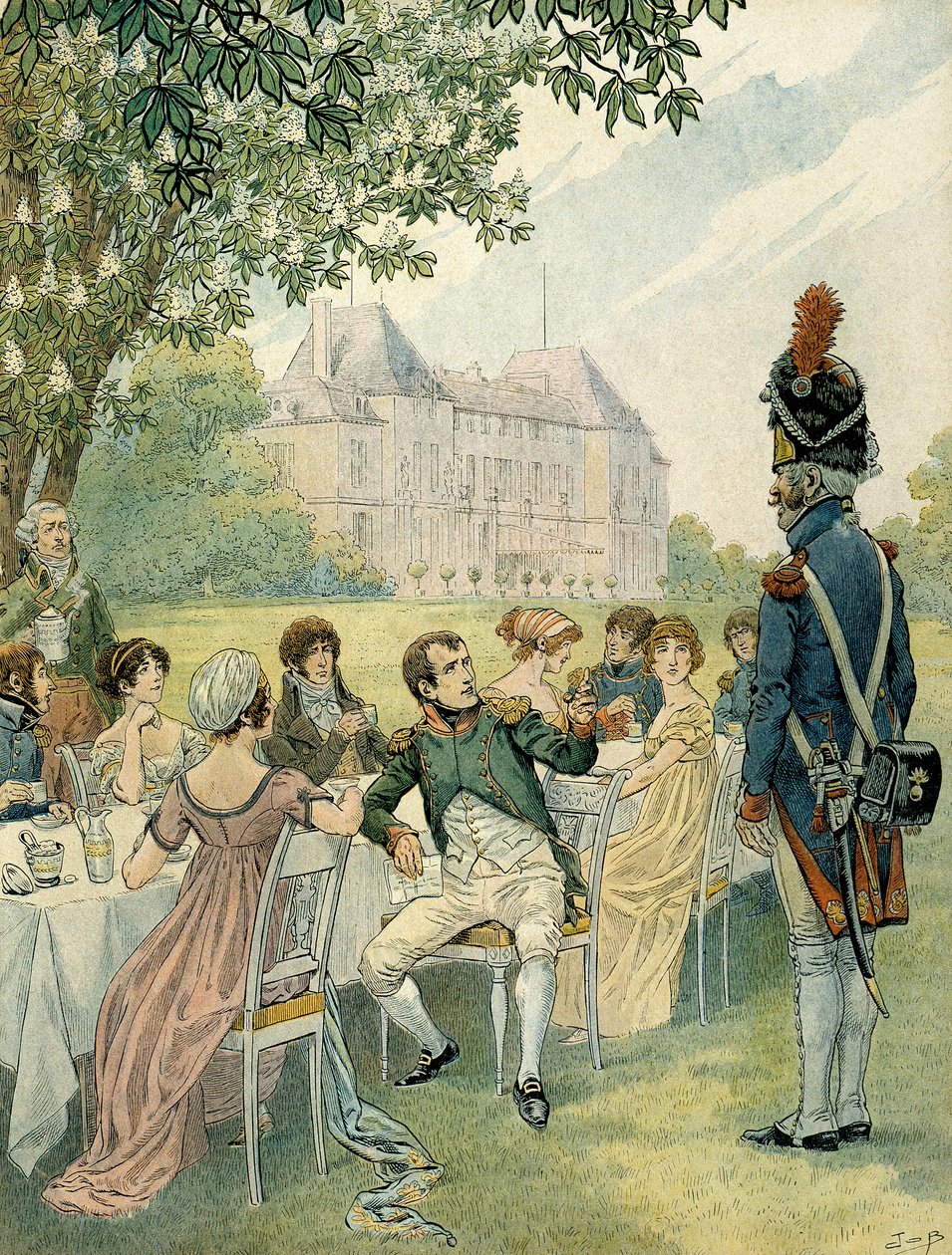拿破仑一世 (1769-1821) 在马尔迈松城堡的花园吃午饭。 Jacques Marie Gaston Onfray de Breville dit JOB (1858-1931) 的插图。 私人收藏 作者 Onfray de Breville Jacques Job的化名