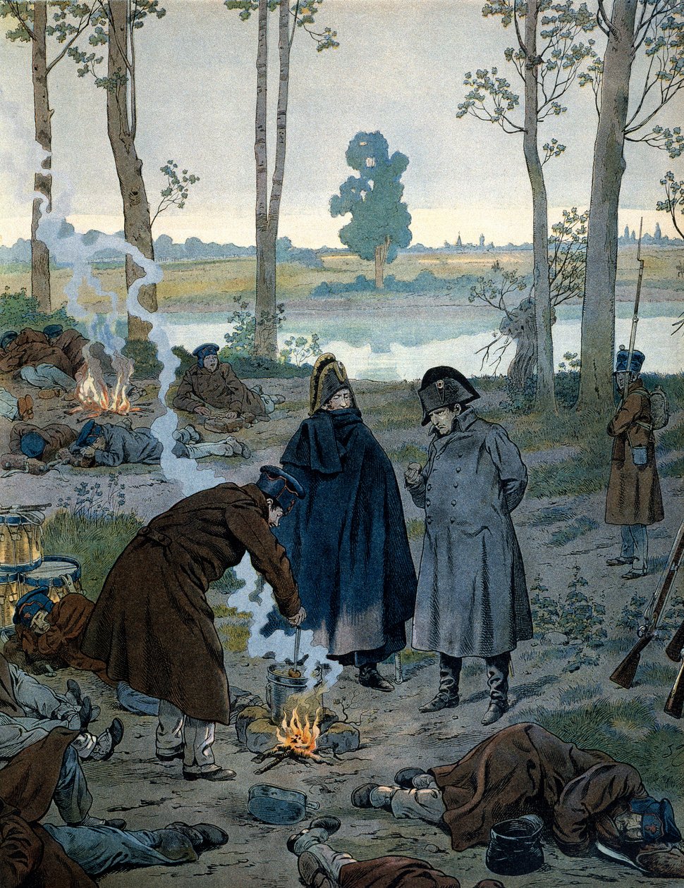 1815 年滑铁卢战役前夕，拿破仑一世（1769-1821）在露营地。在乔治·蒙托盖伊的“拿破仑”中。 Jacques Marie Gaston Onfray de Breville dit JOB 的插图 (1858-1931) 作者 Onfray de Breville Jacques Job的化名
