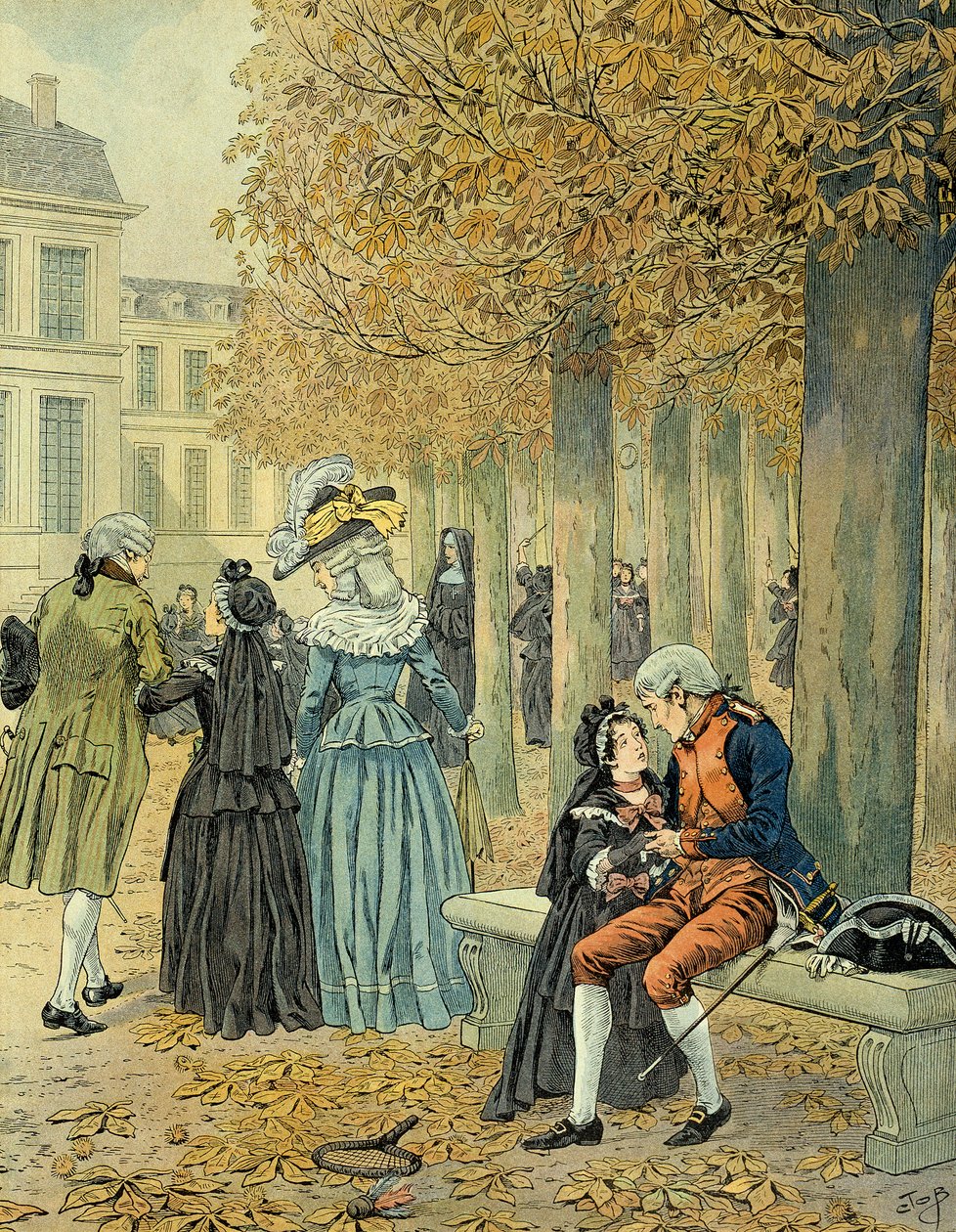 拿破仑一世-波拿巴（1769-1821）在圣西尔（Saint-Cyr）的王室宅邸看望他的妹妹伊丽莎-波拿巴（1777-1820）。插图：Jacques Marie Gaston Onfray de Breville dit JOB (1858-1931) 作者 Onfray de Breville Jacques Job的化名