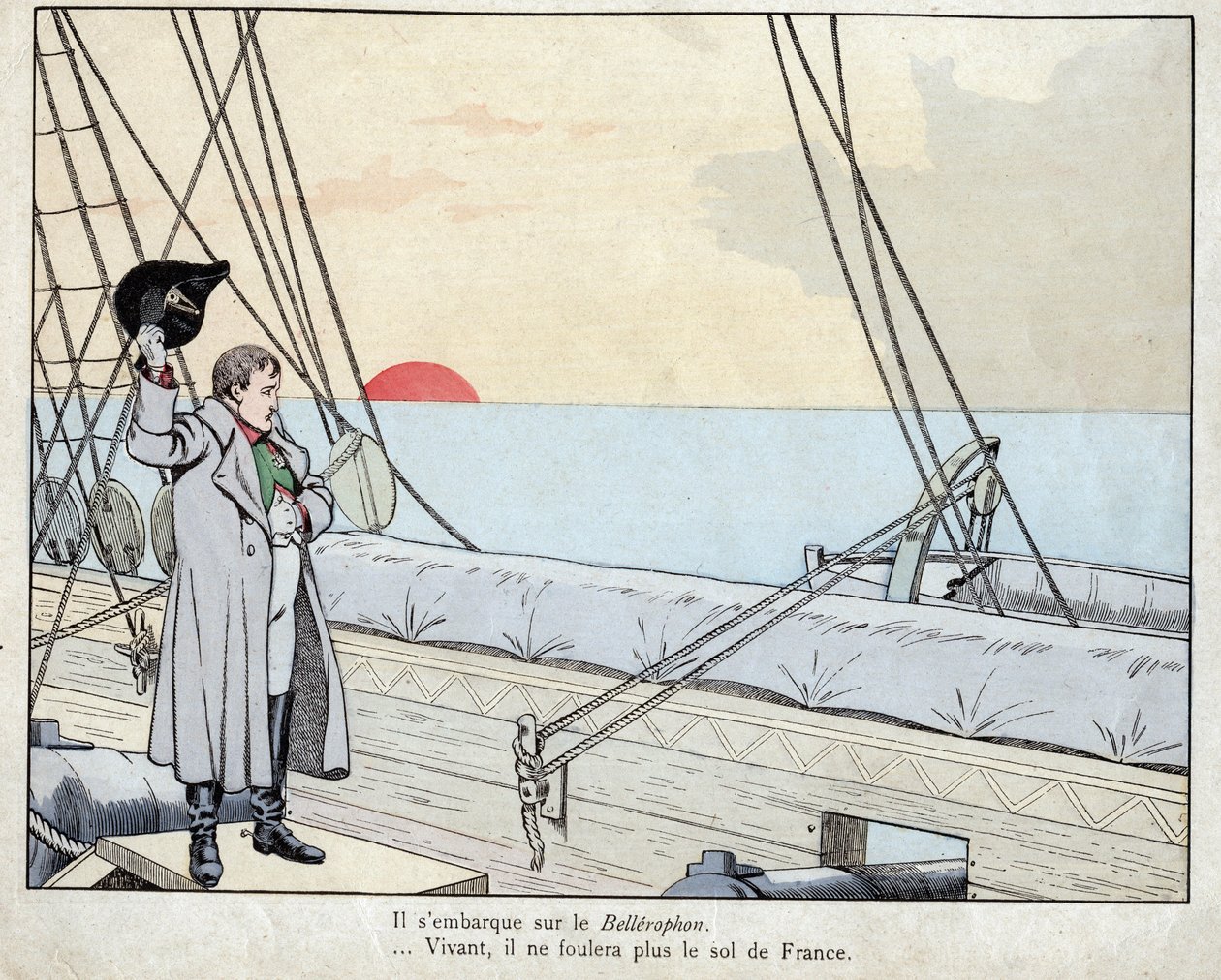 1815年拿破仑在贝勒罗丰号上--约伯（Jacques Onfroy de Breville）的石版画，出自《大拿破仑与小儿童》1893年。 作者 Onfray de Breville Jacques Job的化名