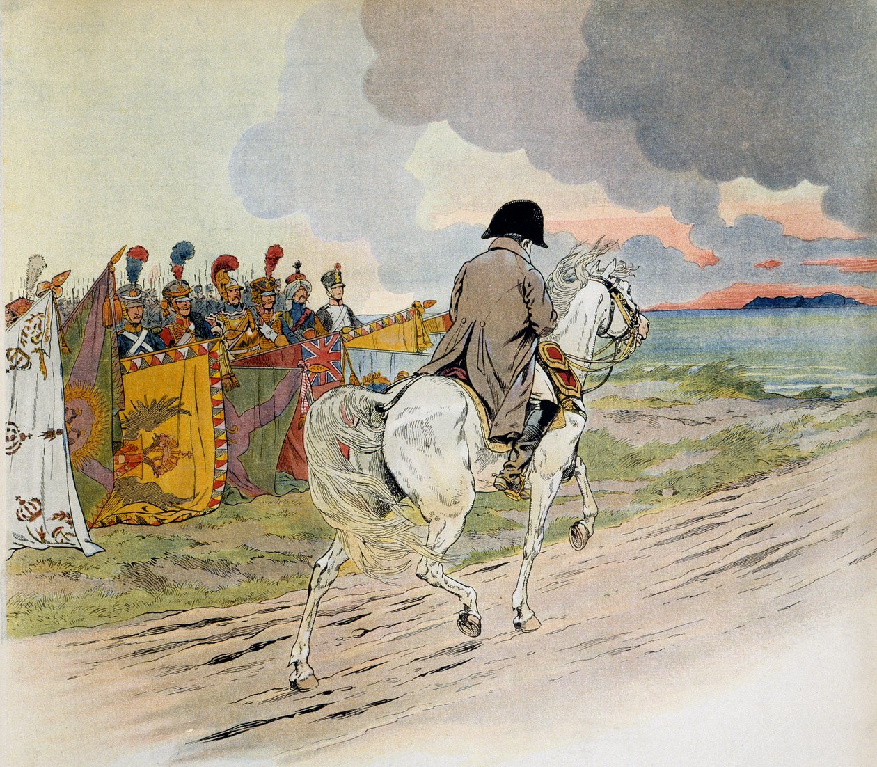 当拿破仑在厄尔巴岛流亡时，他骑着马在他的部队面前经过。 Jacques Marie Gaston Onfray de Breville dit JOB (1858-1931) 的插图。 私人收藏 作者 Onfray de Breville Jacques Job的化名