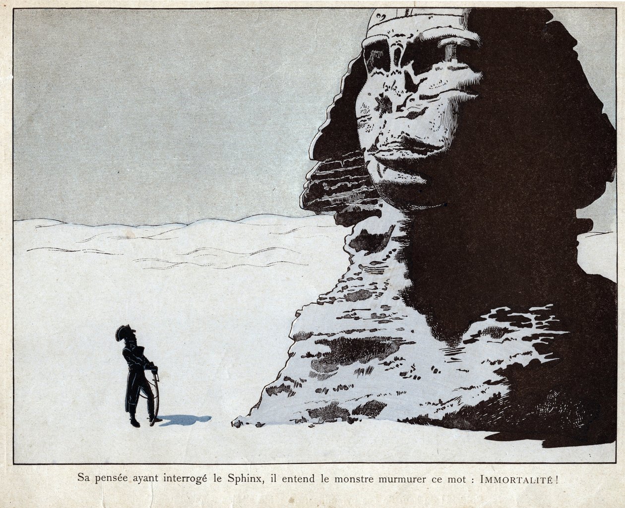 拿破仑在埃及研究狮身人面像--约伯（Jacques Onfroy de Breville）的石版画，出自《大拿破仑与小儿童》1893年。 作者 Onfray de Breville Jacques Job的化名