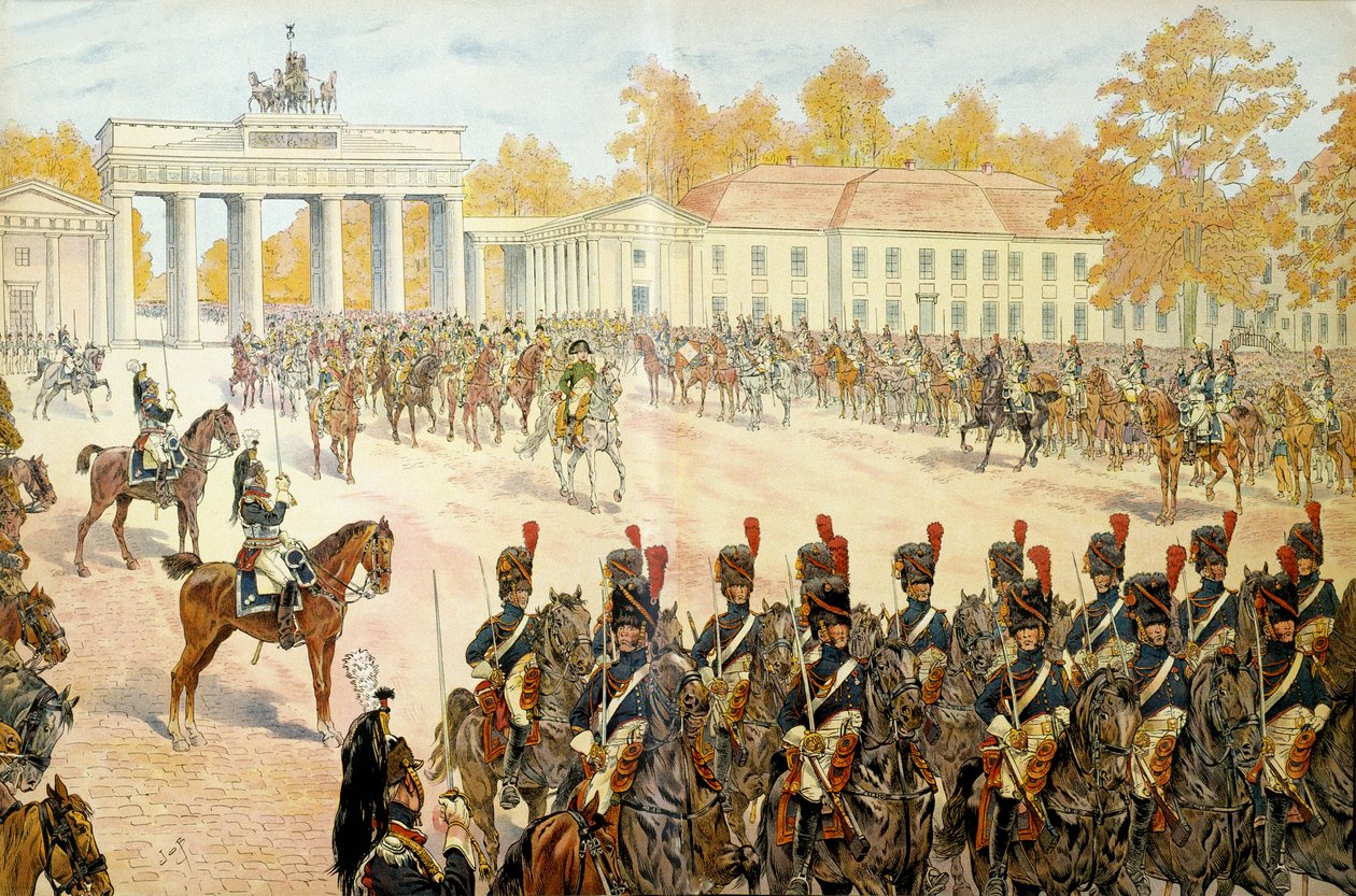 1806年10月27日，拿破仑一世-波拿巴（1769-1821）和他的军队进入柏林。Georges Montorgueil的《拿破仑》中。插图：雅克-玛丽-加斯顿-昂弗雷-德-布雷维尔（Jacques Marie Gaston Onfray de Breville dit JOB）（1858-1931）。 作者 Onfray de Breville Jacques Job的化名