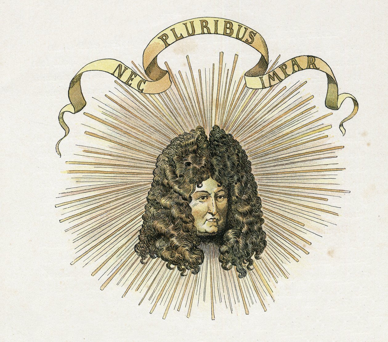 国王路易十四（1638-1715）的肖像，他的座右铭是拉丁文 "Nec pluribus impar"（没有其他类似的）。私人收藏。 作者 Onfray de Breville Jacques Job的化名