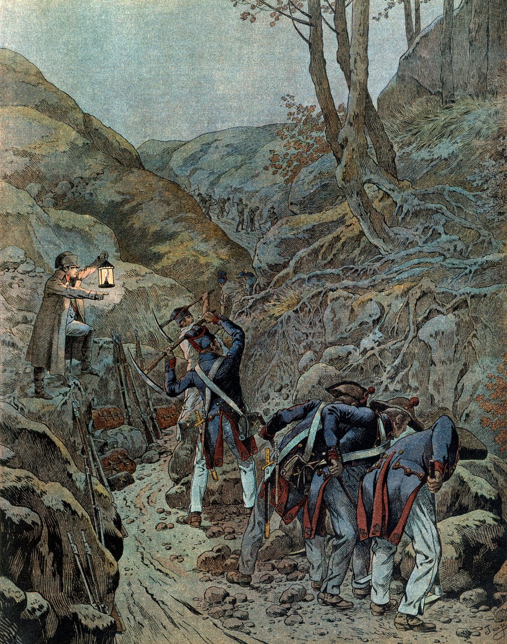 普鲁士战役（1806年）。战役前夕，部队正在伊纳山脚下为大炮拓宽通道（10月14日激起）。 作者 Onfray de Breville Jacques Job的化名