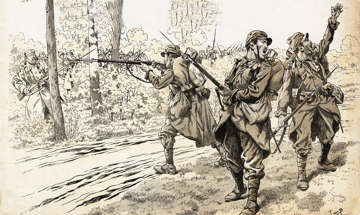 射杀他们!1914-1918年战争中的法国士兵被派去巡逻，以识别敌人的实力和确切位置。在发现德军后，他们下达了开火的命令，而不用担心被夹在火海中。约伯的插图（J 作者 Onfray de Breville Jacques Job的化名