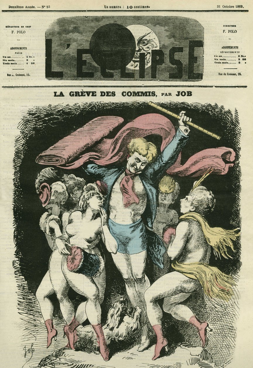 店员罢工，插图建议在冬天之前给让-巴蒂斯特 (Jean Baptiste) Carpeaux “La Danse” 的舞者穿衣。 10 月 31 日由 Job 撰写的“L