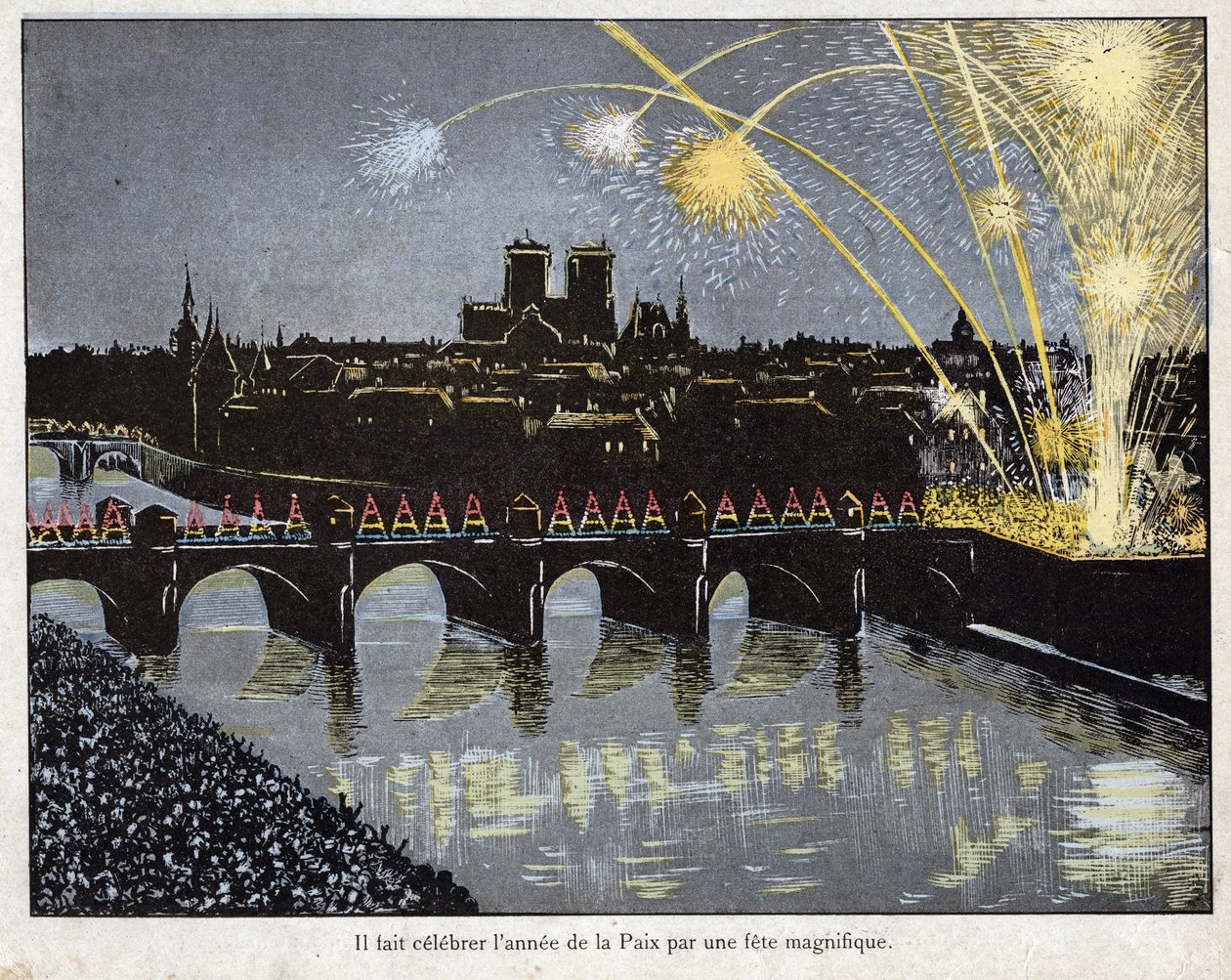 fete de la Paix le 18 brumaire an X (9/11/1801) - 拿破仑组织了一个盛大的节日来庆祝和平年，1801年11月9日--约伯（Jacques Onfroy de Breville）的石版画，出自《Le Grand Napoleon des Petites Enfants》1893年。 作者 Onfray de Breville Jacques Job的化名
