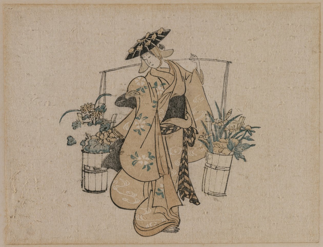 一个美人提着两桶鲜花 作者 鸟居清雅风格
