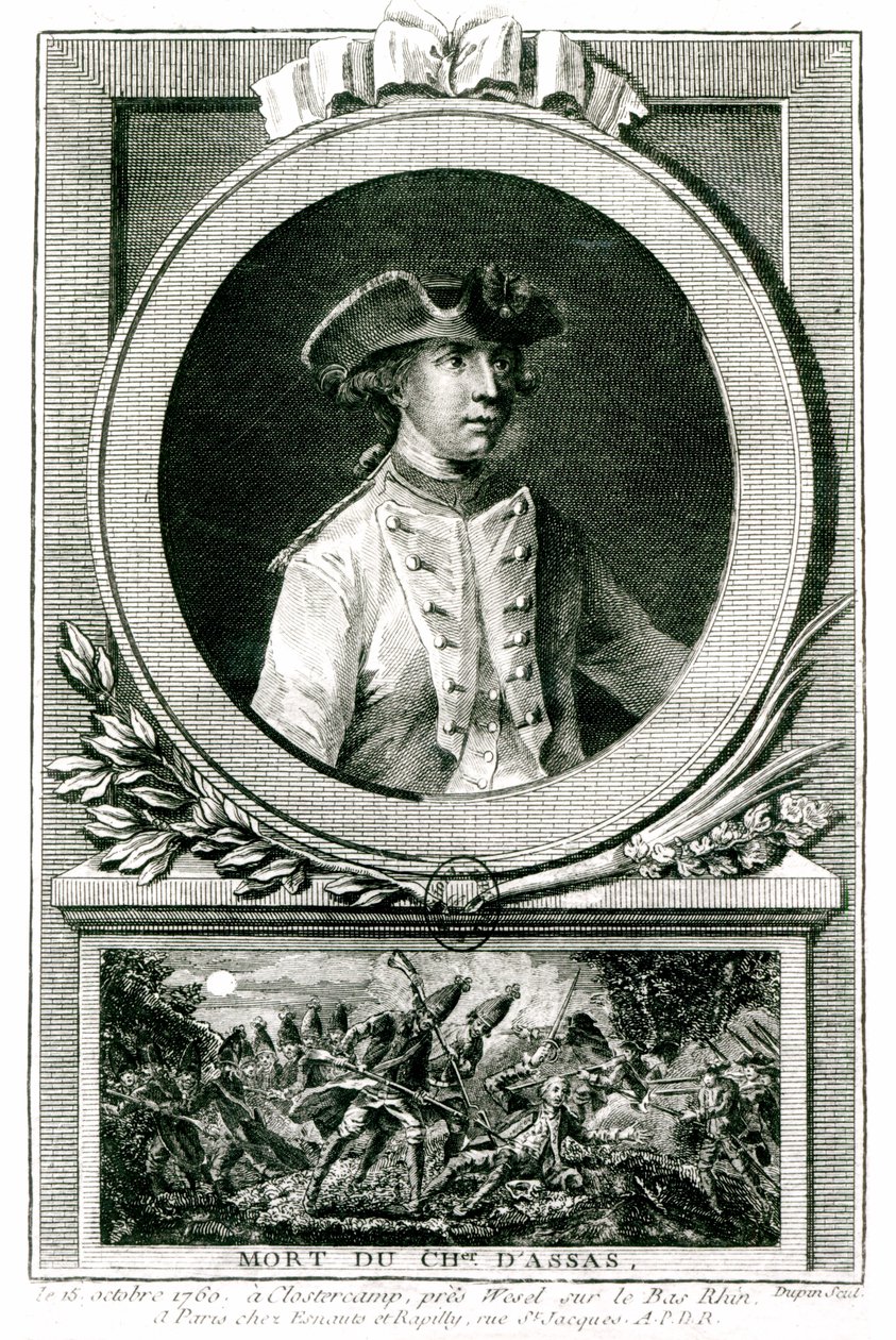 Louis，chevalier d&39;Assas（1733-1760）的肖像，以及他于1760年在Clostercamp的死亡（雕刻）（bw照片） 作者 小杜平