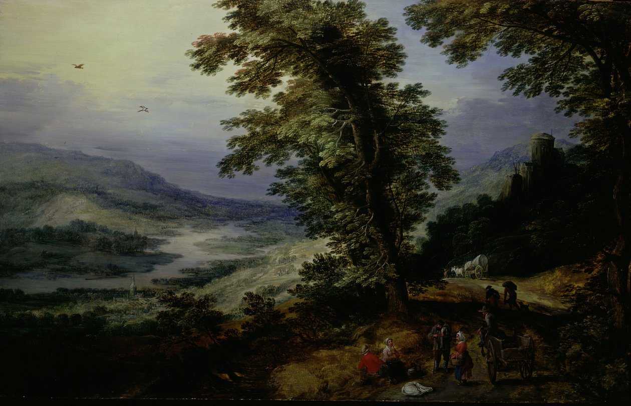 有旅行者的山路，约161025。 作者 年轻的 Joos de Momper