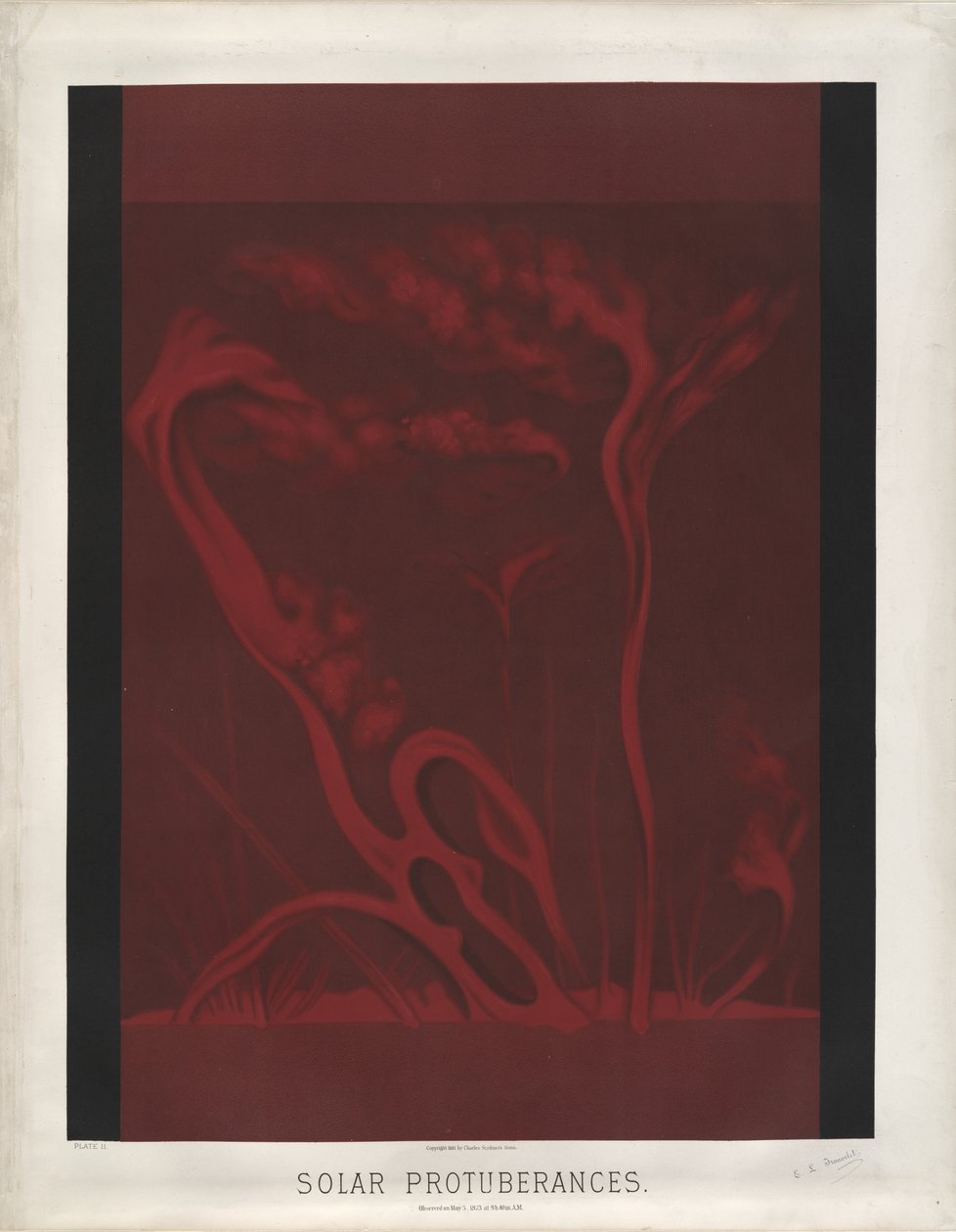 太阳能突起。观察于1873年5月5日9点，40米。 AM（The Trouvelot Astronomical Drawings 1881的第二版） 作者 ÉtienneLéopoldTrouvelot